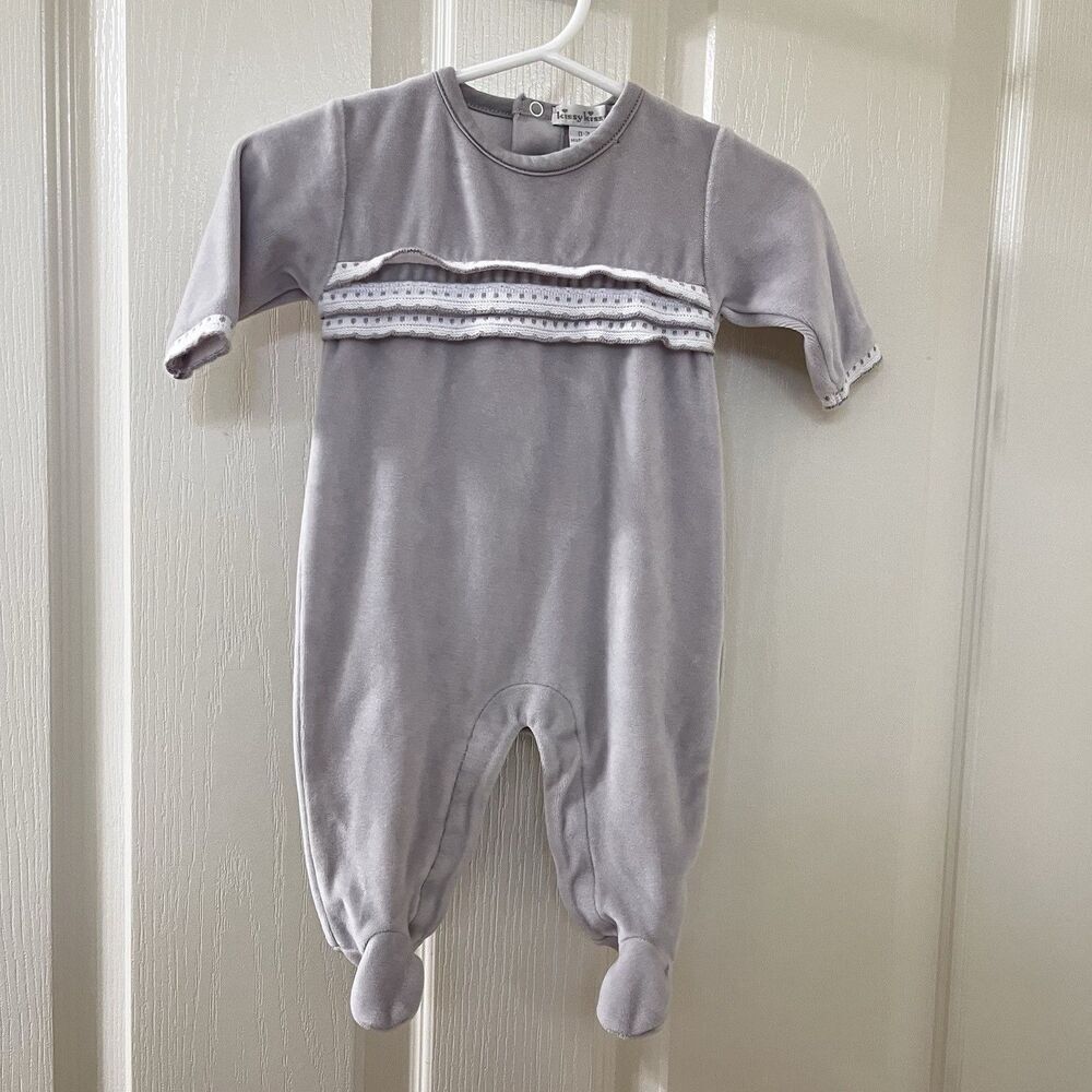 Kissy Kissy Gray Velvet Footie One Piece Crochet Lace Trim Size 0-3 Months